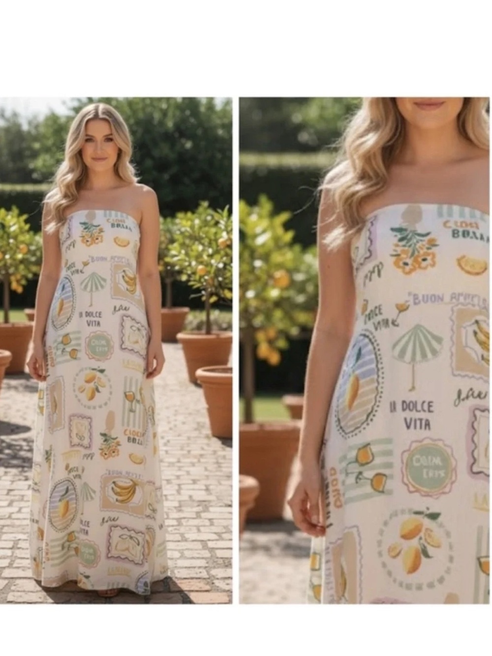 Anthropologie Paper Hearts La Dolce Vita Print Linen Blend Strapless Maxi Dress